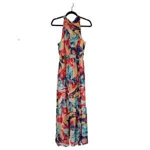 Tahari Halter Maxi Dress Size‎ 12 Multicolor Floral Sleeveless Tiered Abstract